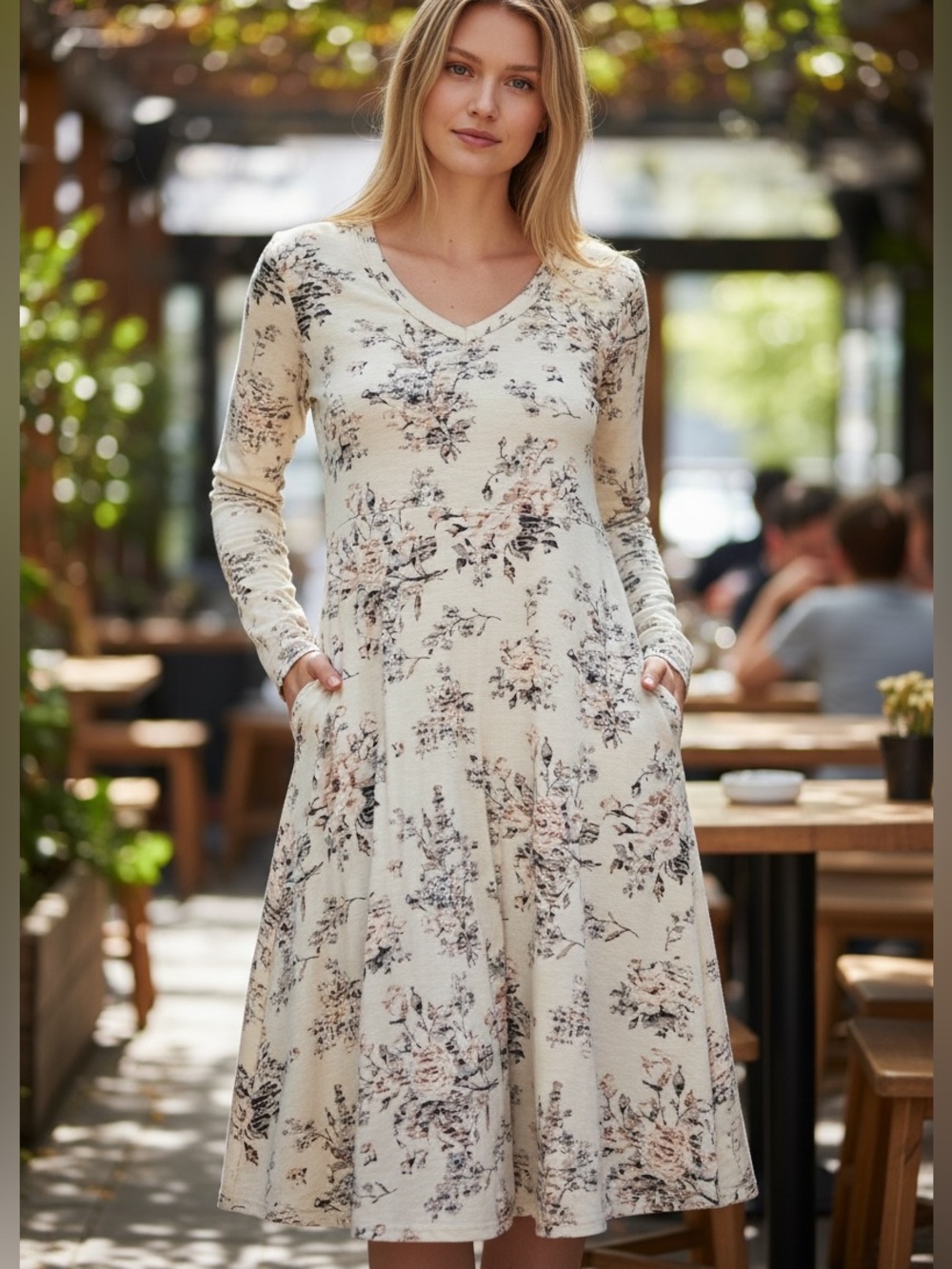 LuLaRoe Cream Floral V-Neck Long Sleeve Midi  Dress
